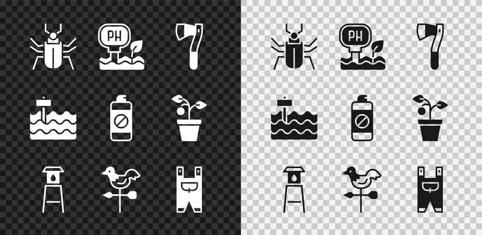 Set Insect fly, Soil ph testing, Wooden axe, Water tower, Rooster weather v.. Stock Illustration