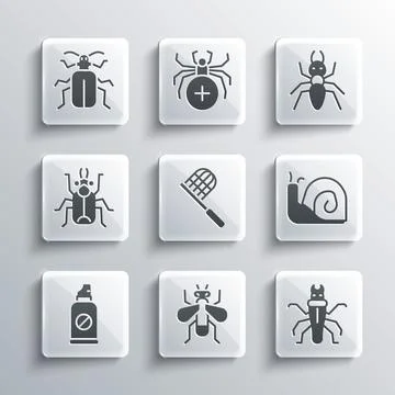 Set Insect fly, Termite, Snail, Butterfly net, Spray against insects, Beetle bug Stock Illustration