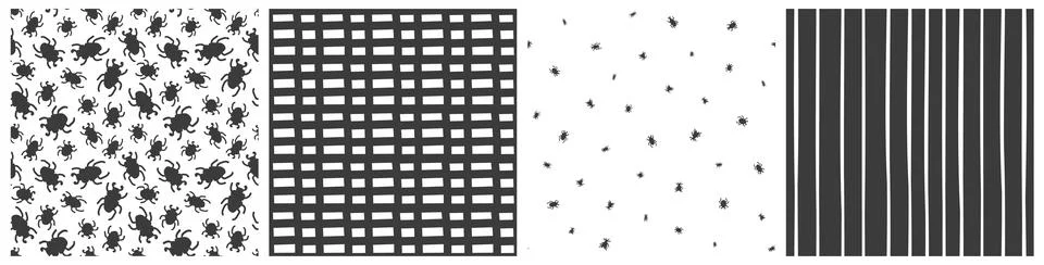 Set of insects bugs seamless patterns with abstract simple shapes for Halloween Stock Illustration