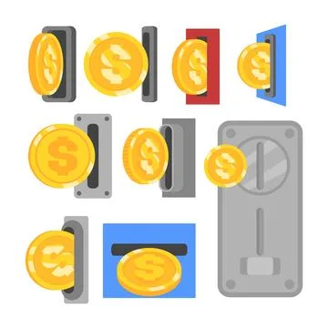 Set of insert coin collection, inserting coin to a slot on vending machine .. Illustrazione stock