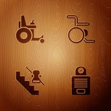Set Intercom, Electric wheelchair, Disabled elevator and Wheelchair on wooden Illustrazione stock