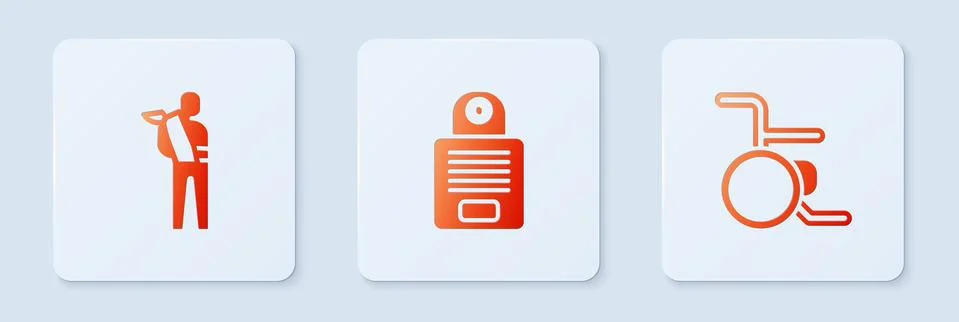 Set Intercom, Human broken arm and Wheelchair. White square button. Vector Stock Illustration