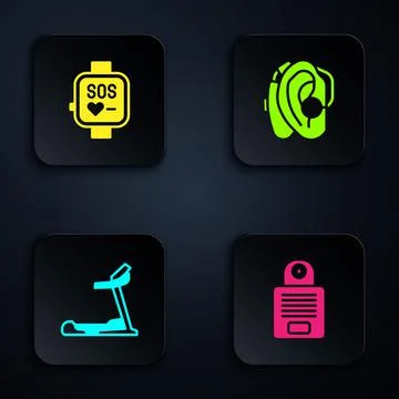 Set Intercom, Smart watch, Treadmill machine and Hearing aid. Black square Illustrazione stock