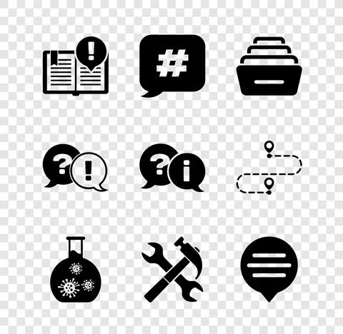 Set Interesting facts, Hashtag speech bubble, Drawer with documents, Test tube Stock Illustration