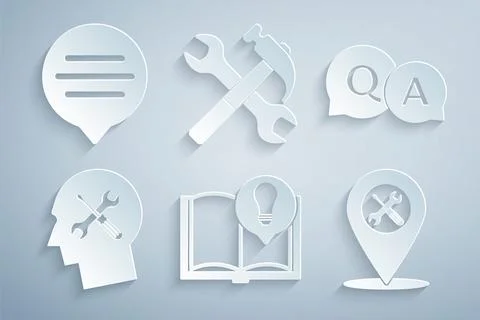 Set Interesting facts, Question and Answer, Human head service, Location, C.. Stock Illustration