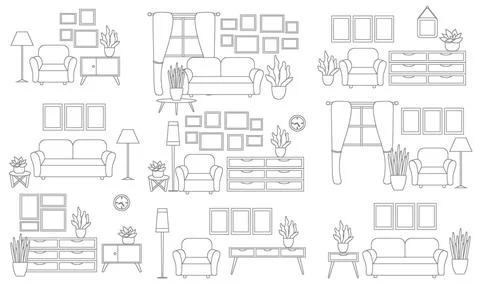 A set of interior compositions in black and white are isolated on a white b.. Stock Illustration