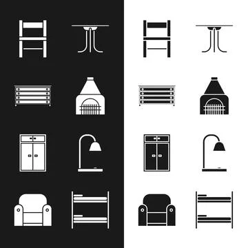 Set Interior fireplace, Chest of drawers, Chair, Round table, Wardrobe, Tab.. Stock Illustration