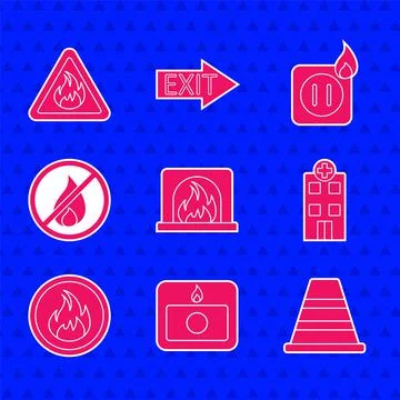 Set Interior fireplace Fire alarm system Traffic cone Medical hospital buildi Stock Illustration
