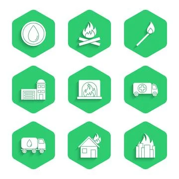 Set Interior fireplace, Fire in burning house, buildings, Ambulance and emerg Ilustración de archivo