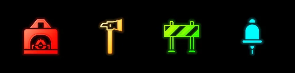 Set Interior fireplace, Firefighter axe, Road barrier and Ringing alarm bell Illustration