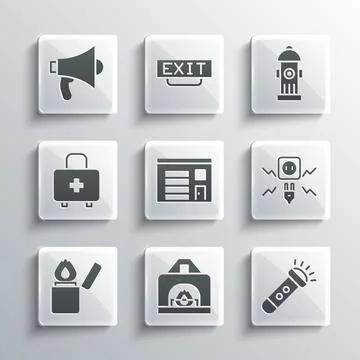 Set Interior fireplace, Flashlight, Electricity spark, Building of station Stock Illustration
