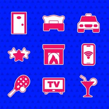 Set Interior fireplace, Smart Tv, Cocktail, Mobile with wi-fi wireless, Tennis Ilustración de archivo