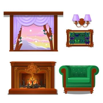 Set of interior items isolated on white background. Wooden window, wall sconce Stock Illustration