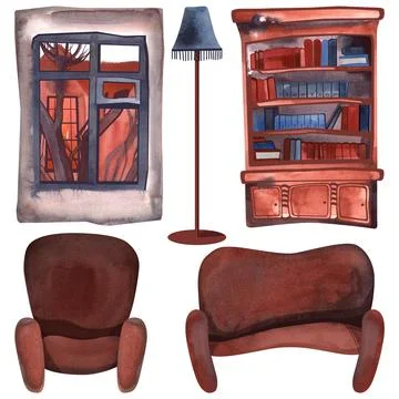 Set of interior items: old-fashioned brown armchair and sofa, antique bookcase Stock Illustration