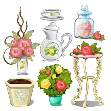 Set of interior objects and tableware with ornaments in the form of flower buds Stock Illustration
