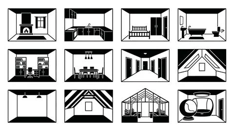 Set of interior room perspective icons in black and white line art style. Stock Illustration