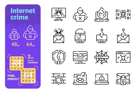 Set internet crime simple lines icons of hacker equipment. Illustrazione stock