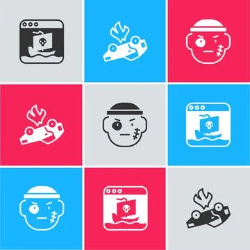 Set Internet piracy, Burning car and Bandit icon. Vector Illustrazione stock