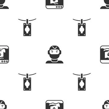 Set Internet piracy, Thief mask and Money laundering on seamless pattern. Vector Stock Illustration