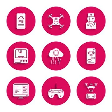 Set Internet of things, Remote control, aerial drone, Bot, Computer monitor Stock Illustration