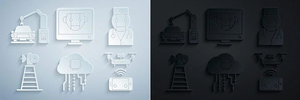 Set Internet of things, Robot doctor, Antenna, Remote aerial drone, Bot and Stock Illustration