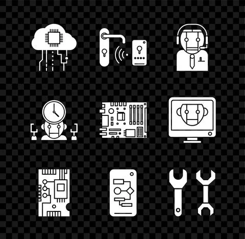 Set Internet of things, Worker robot, Electronic computer components motherboard 库存插图