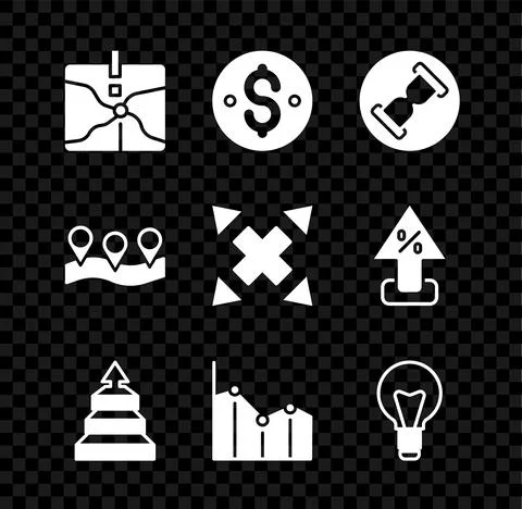 Set Intersection point, Dollar symbol, Old hourglass with sand, Pyramid chart Stock Illustration