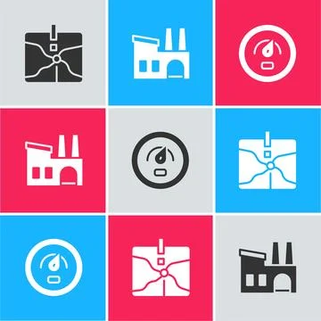Set Intersection point, Factory and Digital speed meter icon. Vector Иллюстрация