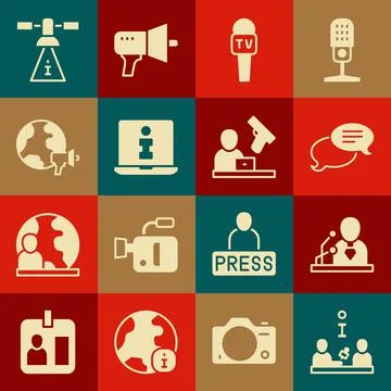 Set Interview, Breaking news, Speech bubble chat, Microphone, Information, World Stock Illustration