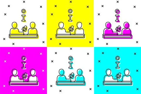Set Interview with a famous person icon isolated on color background. Telev.. Illustrazione stock