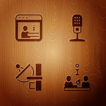 Set Interview, Information, Radar and Microphone on wooden background. Vector Stock Illustration