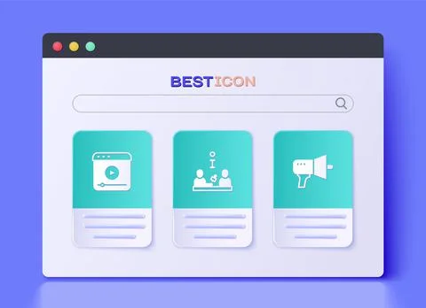 Set Interview, Live stream and Megaphone icon. Vector Illustrazione stock