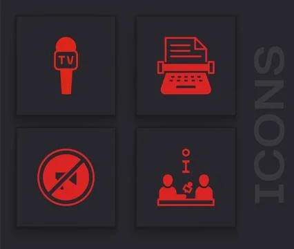 Set Interview, Microphone, Retro typewriter and Censored stamp icon. Vector イラスト素材
