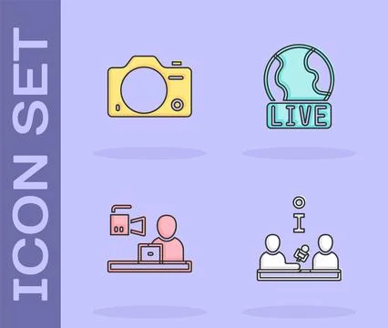 Set Interview, Photo camera, Breaking news and Live report icon. Vector Stockillustratie