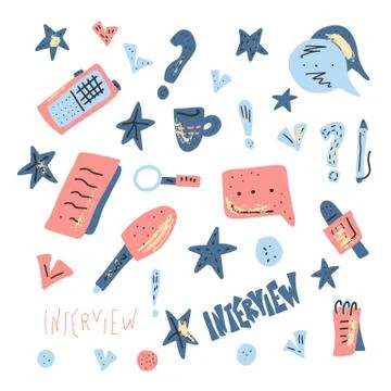 Set of interview tools in flat style isolated on white background. Interview  Illustrazione stock