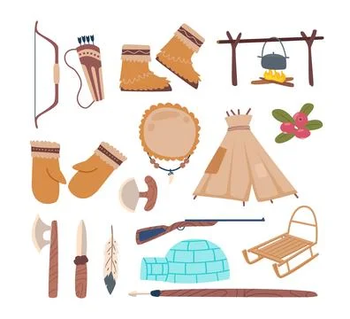 Set of inuit eskimo item objects collection, traditional tools, contain cha.. Stock Illustration