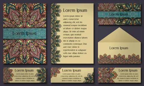 Set of invitation templates with colorful tribal mandalas. Ethnic wedding a.. Stock Illustration