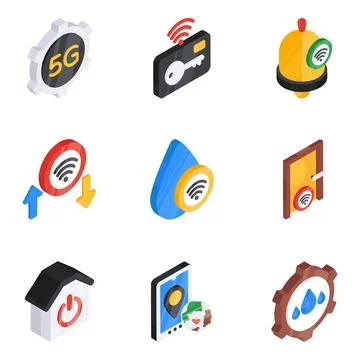 Set of Iot and Management Flat Isometric Icons Stock Illustration