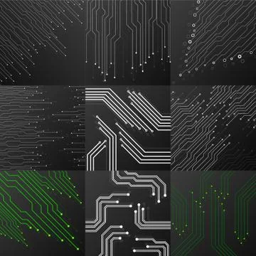 Set of ircuit boards on black background. Abstract technology, vector Illustrazione stock