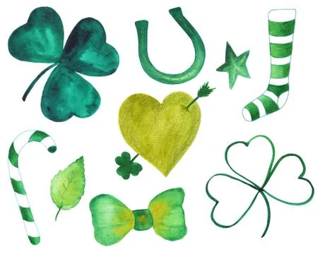 Set of Irish traditional elements in emerald green color Stock Photos