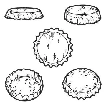 Set, iron beer bottle cap. Five angles. Sketch scratch board imitation. Illustrazione stock