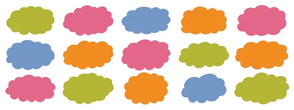 Set of irregular fluffy cloud labels. Colorful wavy frames for text. Cute c.. Illustrazione stock