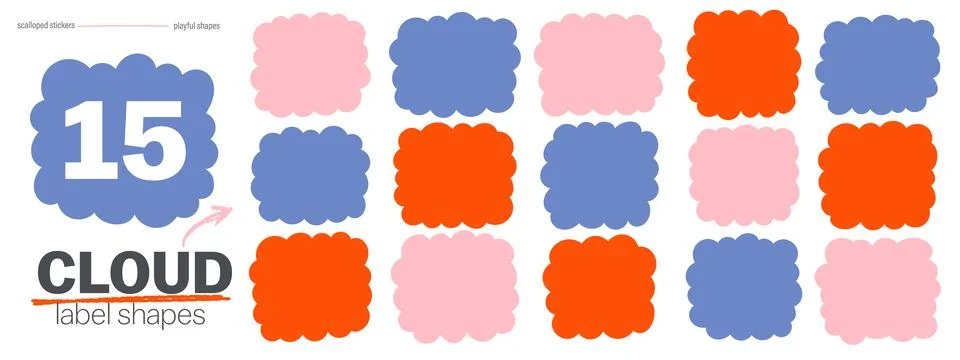 Set of irregular fluffy cloud labels. Colorful wavy frames for text. Cute c.. イラスト素材