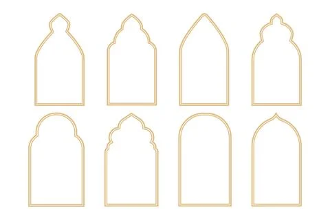 Set Islamic arch frame golden minimal line border isolated on white background Illustrazione stock