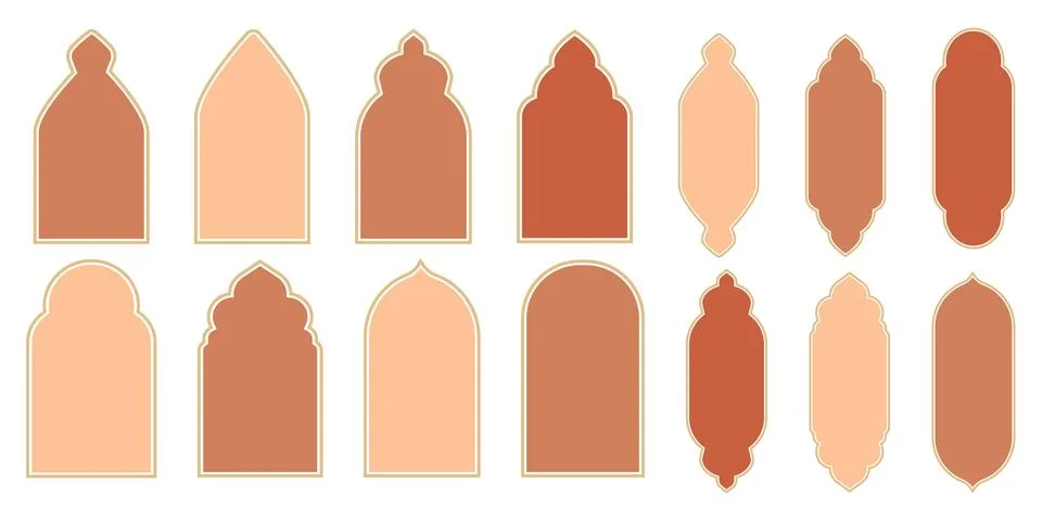 Set islamic arch frames, minimal boho borders, windows, arabic isolated on white Illustrazione stock