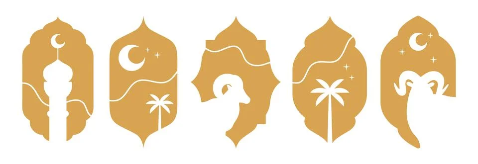 Set of Islamic golden vector frames with mosque, moon, stars, palm tree, and ram Illustrazione stock