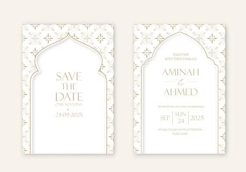 Set of Islamic style wedding invitations with a geometric pattern with mosq.. Stock Photos