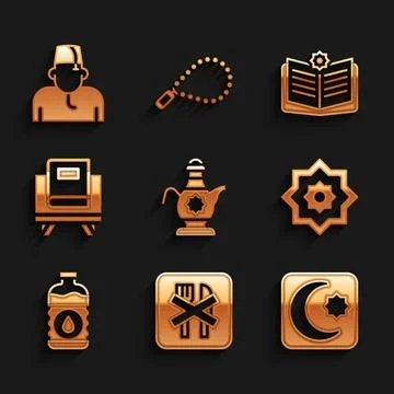 Set Islamic teapot, Ramadan fasting, Star and crescent, Octagonal star, Bot.. Stock Illustration