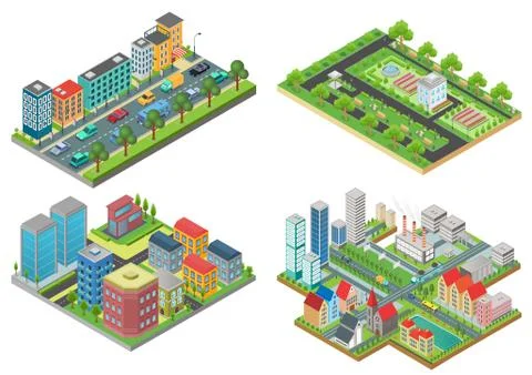 Set of isolated 3d Isometric Realistic cartoon urban City Maps top view vector Stock Illustration
