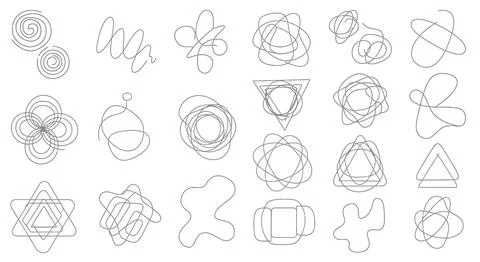 Set of isolated abstract tangled lines and messy geometric shapes, scribble.. イラスト素材